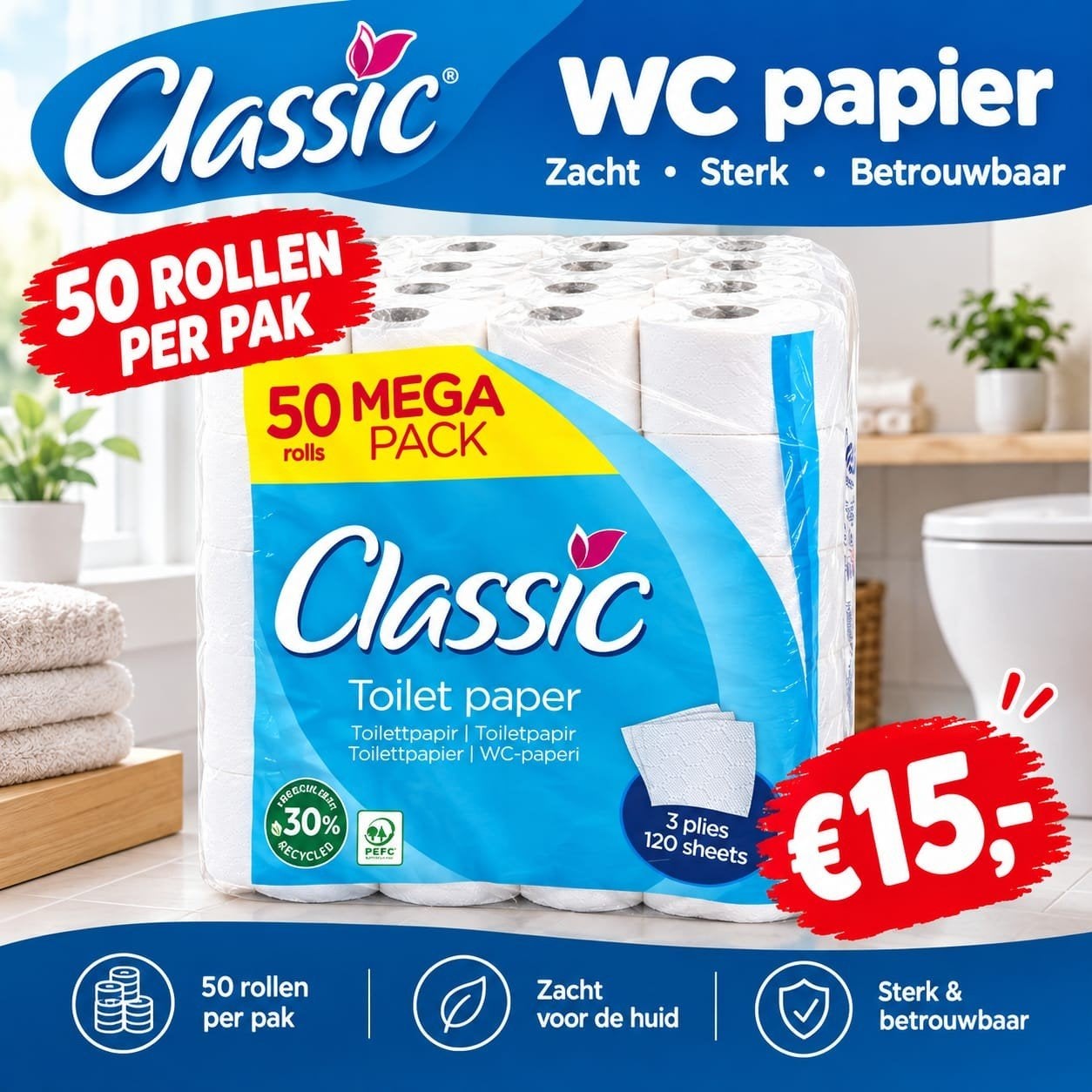Classic Toiletpapier - 50 rollen Mega Pack, 3-laags, Ophalen of Verzenden