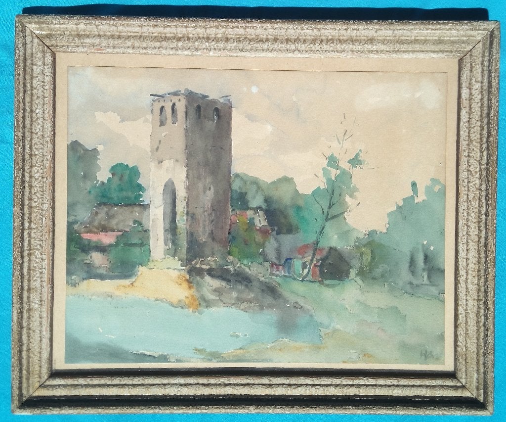 1930s AQUAREL PASTOOR ALDENHUIJSEN OUDE TOREN GERWEN NUENEN, Antiek en Kunst, Kunst | Schilderijen | Klassiek, Verzenden