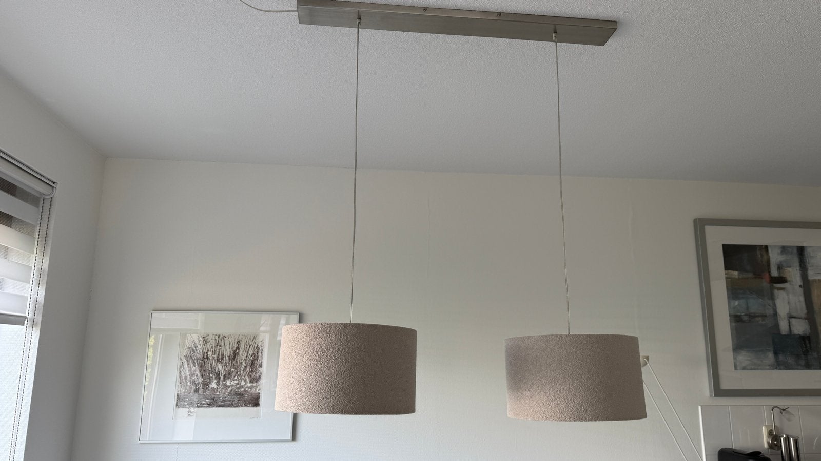 Moderne hanglamp met twee stoffen kappen, Ophalen, Gebruikt, Metaal, E27 (groot)