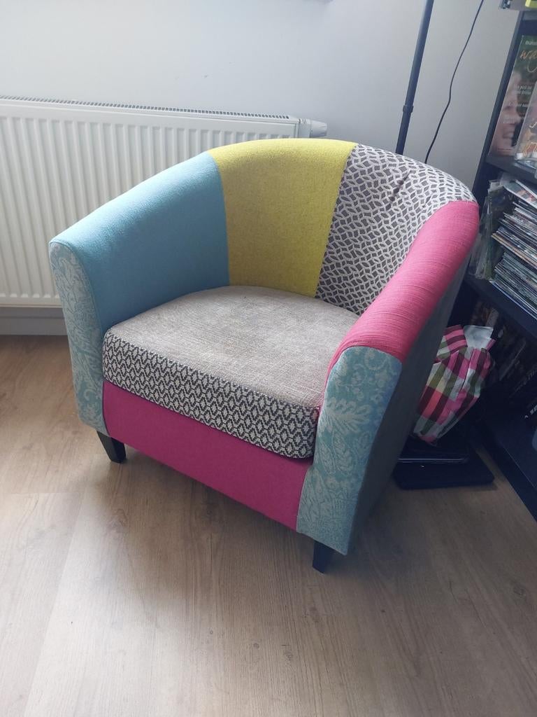Twee kleurrijke clubfauteuils - Patchwork design, Ophalen, Gebruikt, 75 tot 100 cm, Stof