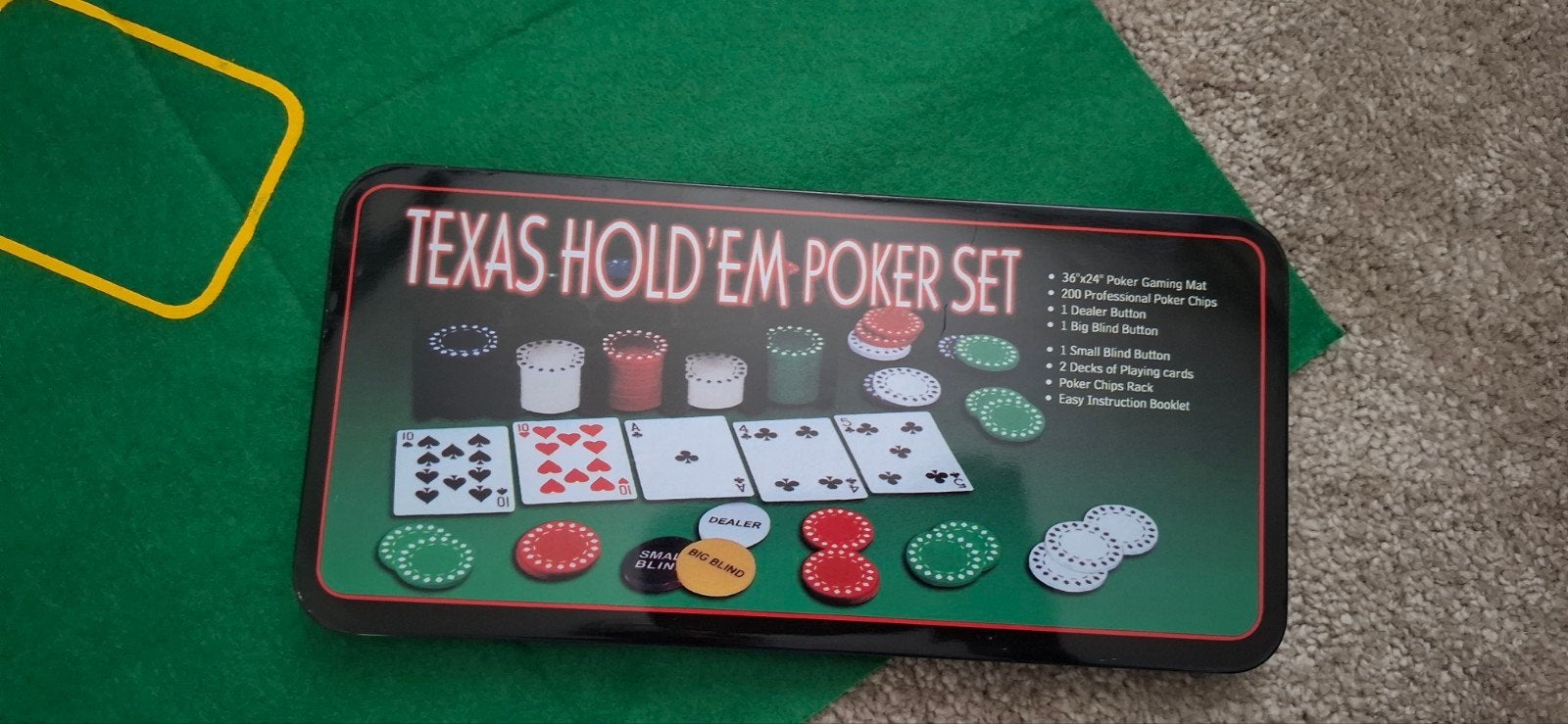 Texas Hold'em Poker Set met Mat en Chips, Hobby en Vrije tijd, Drie of vier spelers, Ophalen of Verzenden, Gebruikt, Onbekend