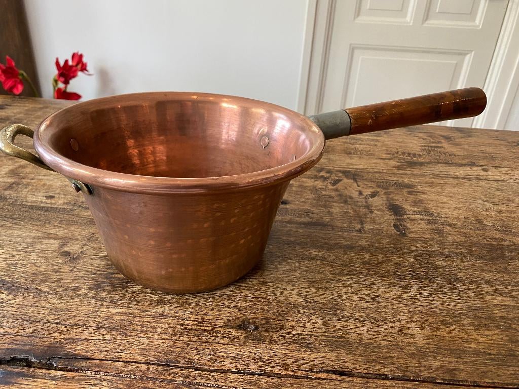 Brocante koperen steelpan met houten handvat, Ophalen of Verzenden