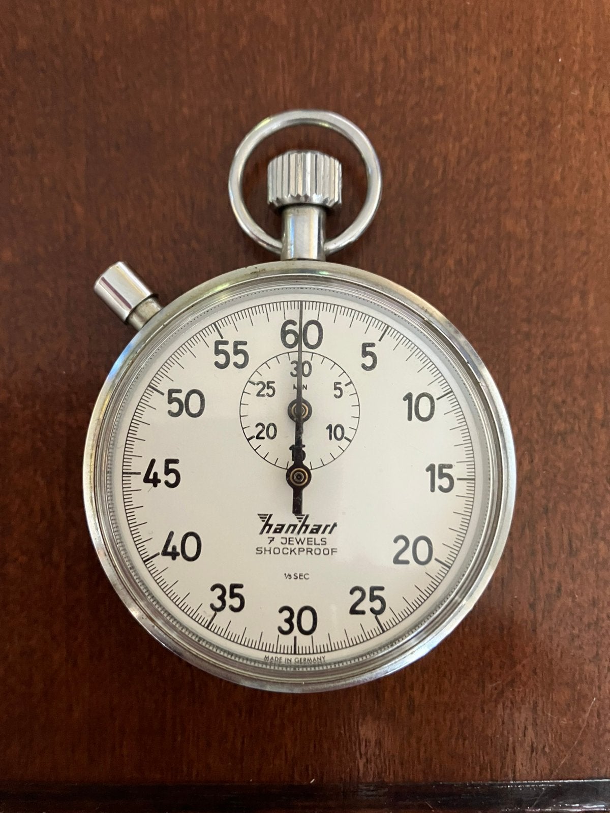 Prachtige Hanhart 7 jewels shockproof stopwatch 1 5, Ophalen of Verzenden, Staal, Overige merken, 1960 of later