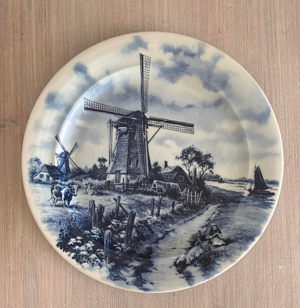 Delfts Blauw Wandbord - Hollandse Molenlandschap, Ophalen of Verzenden