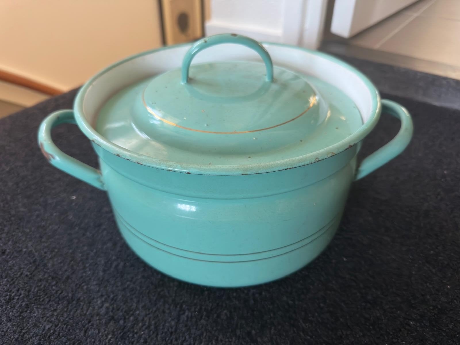 Vintage geëmailleerde pan met deksel - Aqua, Antiek en Kunst, Ophalen
