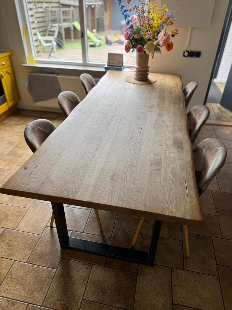 Prachtige eikenhouten eettafelset met stoelen 6 stuks, Huis en Inrichting, Tafels | Eettafels, 200 cm of meer, Zo goed als nieuw