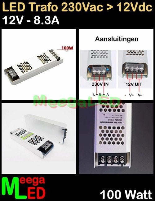 LED Trafo Voeding Adapter Driver - 230V > 12V - 8.3A = 100W, Metaal, Overige merken, Nieuw, Overige fittingen