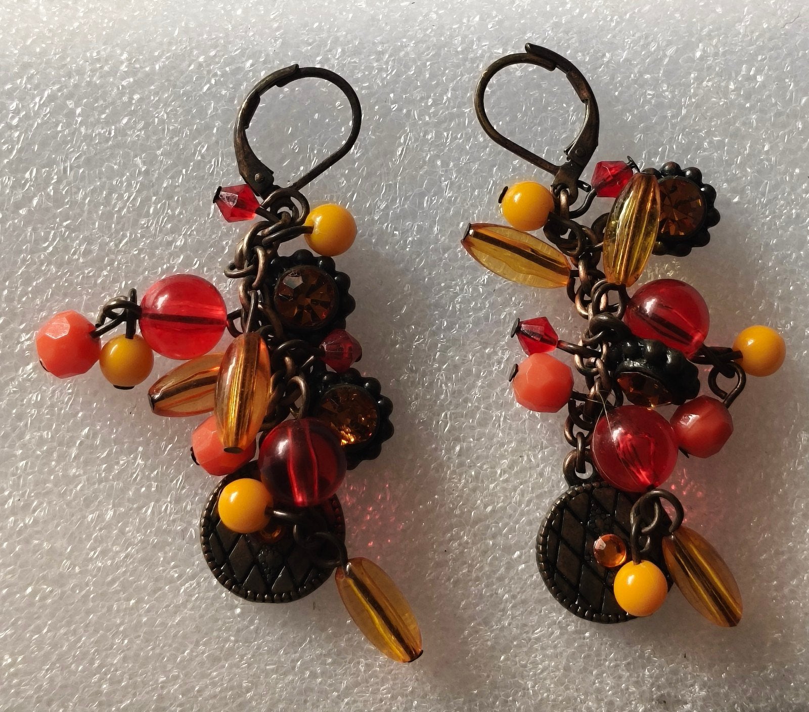 Unieke Handgemaakte Cluster Oorbellen Rood Geel Brons, Overige materialen, Hangers, Verzenden, Nieuw