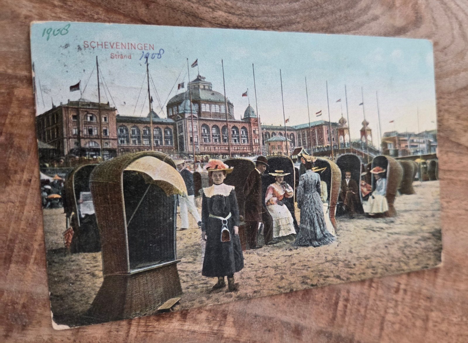Oude ansichtkaart Scheveningen Strand Kurhaus 1908, Verzenden, Voor 1920, Gelopen, Zuid-Holland