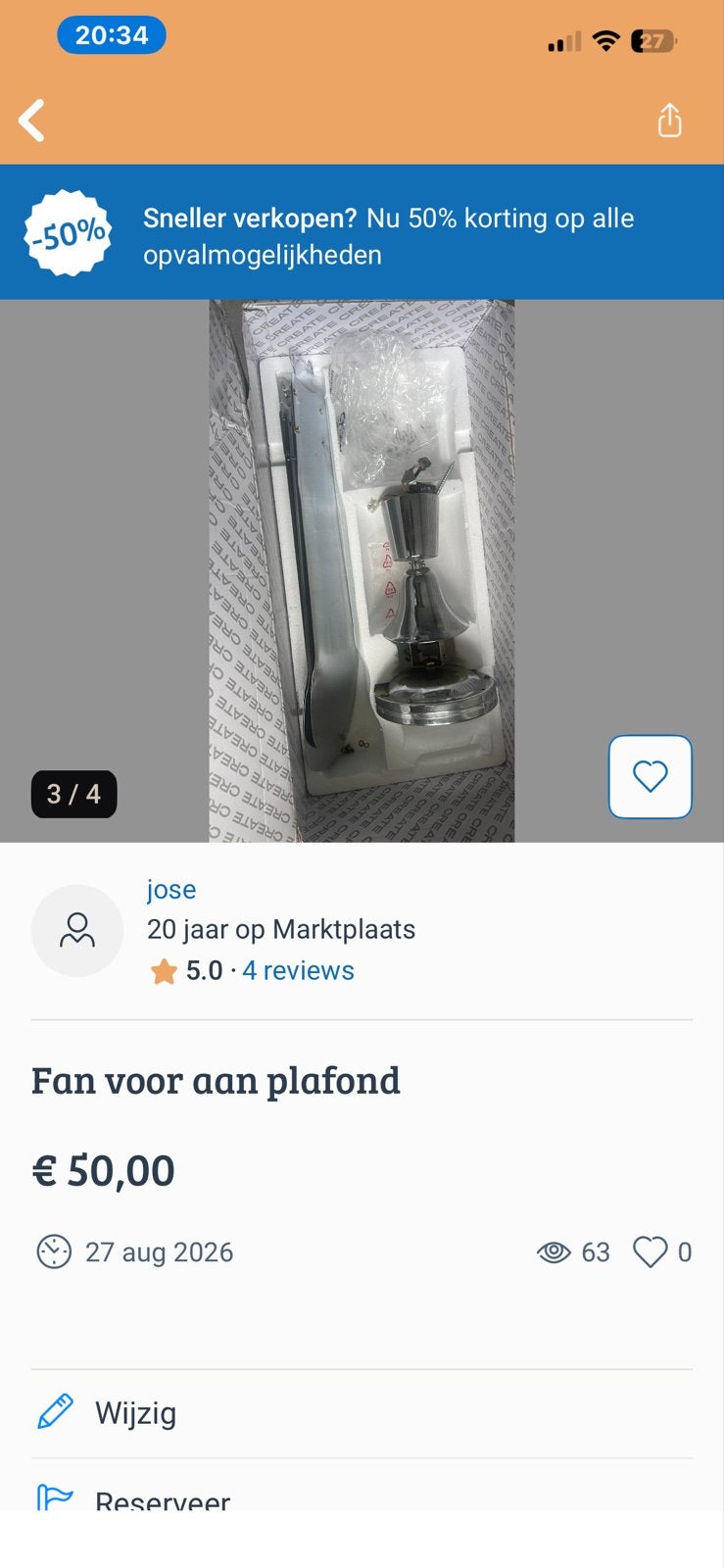 Gebruikte metalen plafondventilator, dimbaar voor de horeca, Ophalen, Gebruikt, Plafondventilator