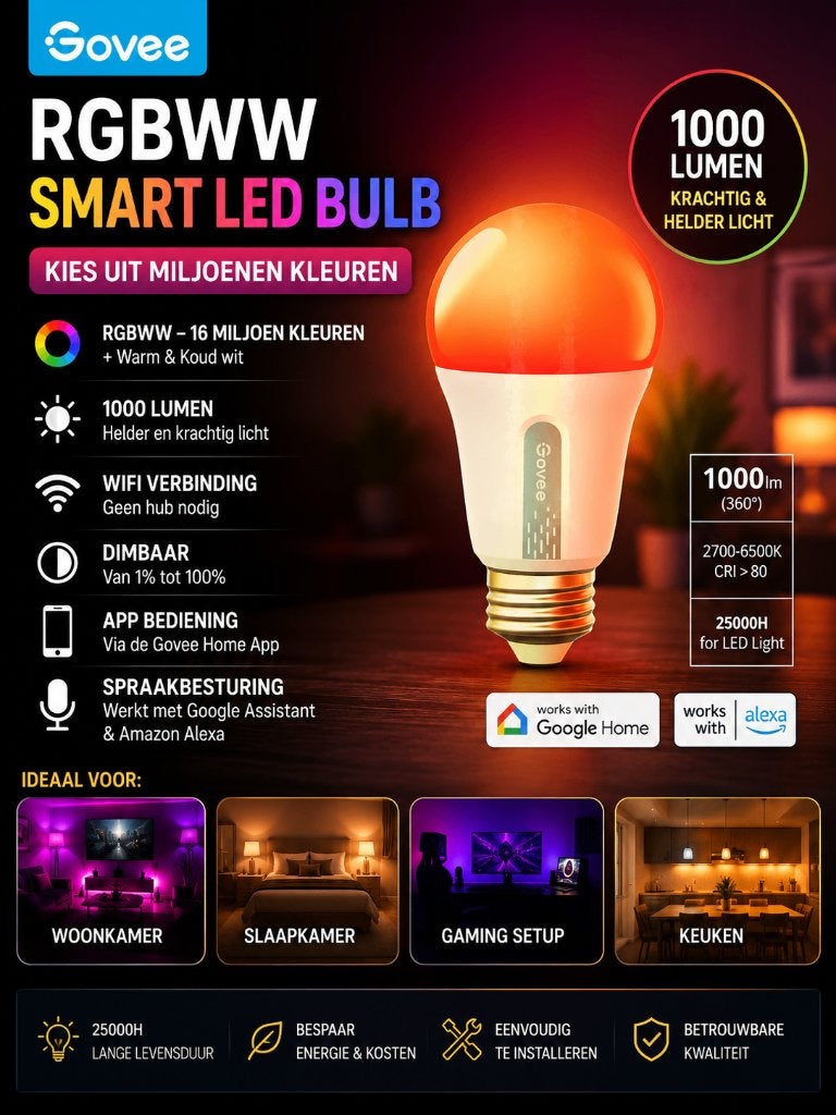 Govee Smart Lamp RGBWW 1000Lm | Google Home & Alexa, Huis en Inrichting, Smart RGBWW, Zo goed als nieuw, Minder dan 100 cm, E27 (groot)
