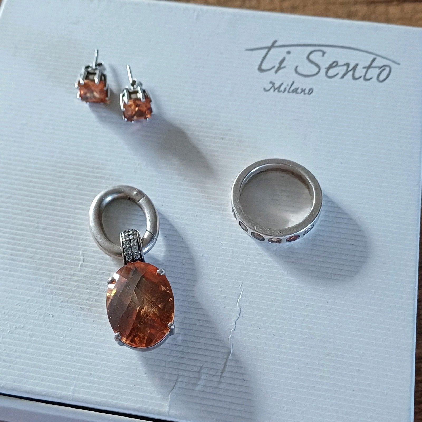 Ti Sento Milano oorbellen hanger ring zilver amberkleurig, Gebruikt, Oranje, Ophalen of Verzenden, Met edelsteen
