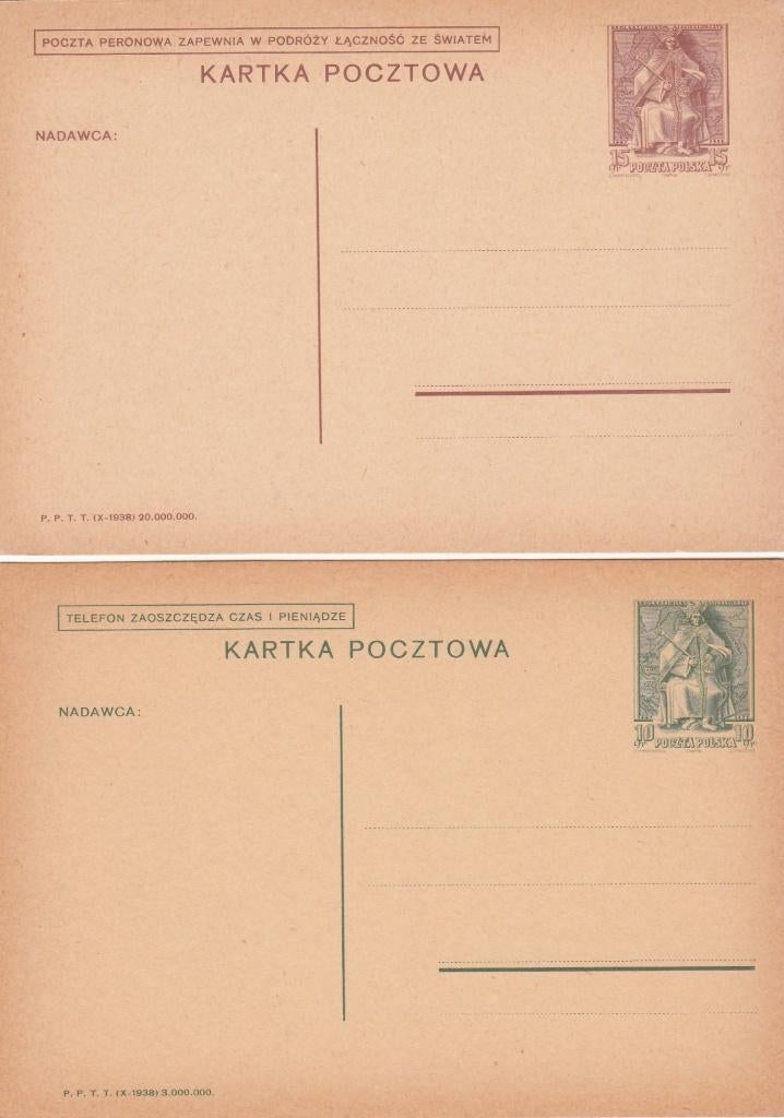 Polen 2 ongebruikte briefkaarten 1938 10 en 15 Groschen, Ophalen of Verzenden, Briefkaart