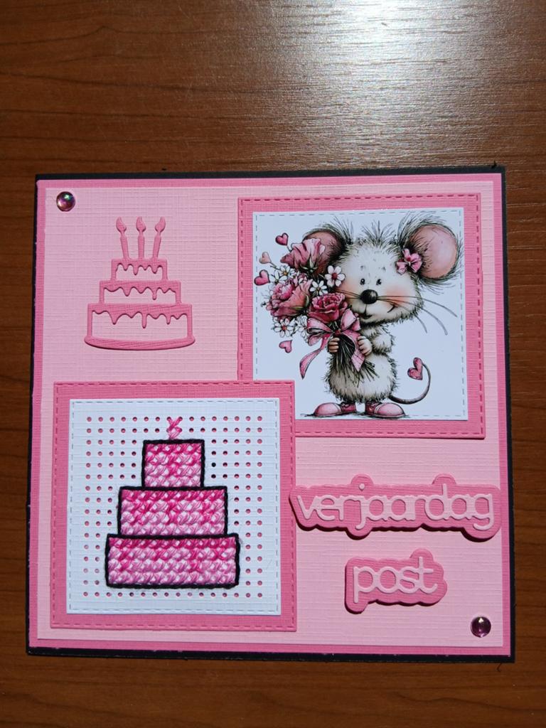 Kaart verjaardag post muis taart geborduurd  811 = 1,75, Hobby en Vrije tijd, Kaarten | Zelfgemaakt, Ophalen of Verzenden, Overige thema's