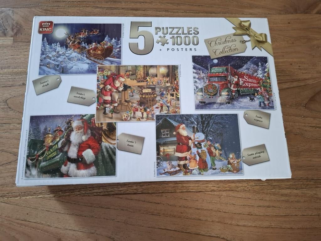 Puzzel Kerst 5 x 1000 stukjes Met poster, Ophalen of Verzenden, 500 t/m 1500 stukjes, Zo goed als nieuw, Legpuzzel