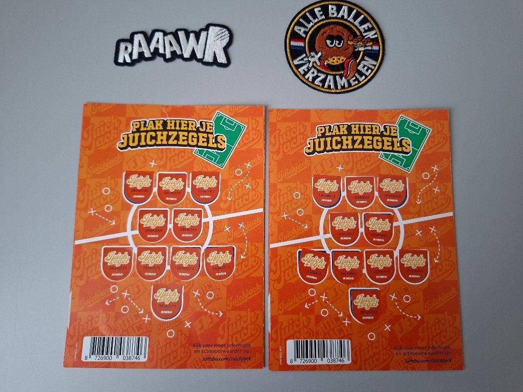2 Volle kaarten met Jumbo Juichzegels en 2 emblemen, Jumbo, Ophalen of Verzenden