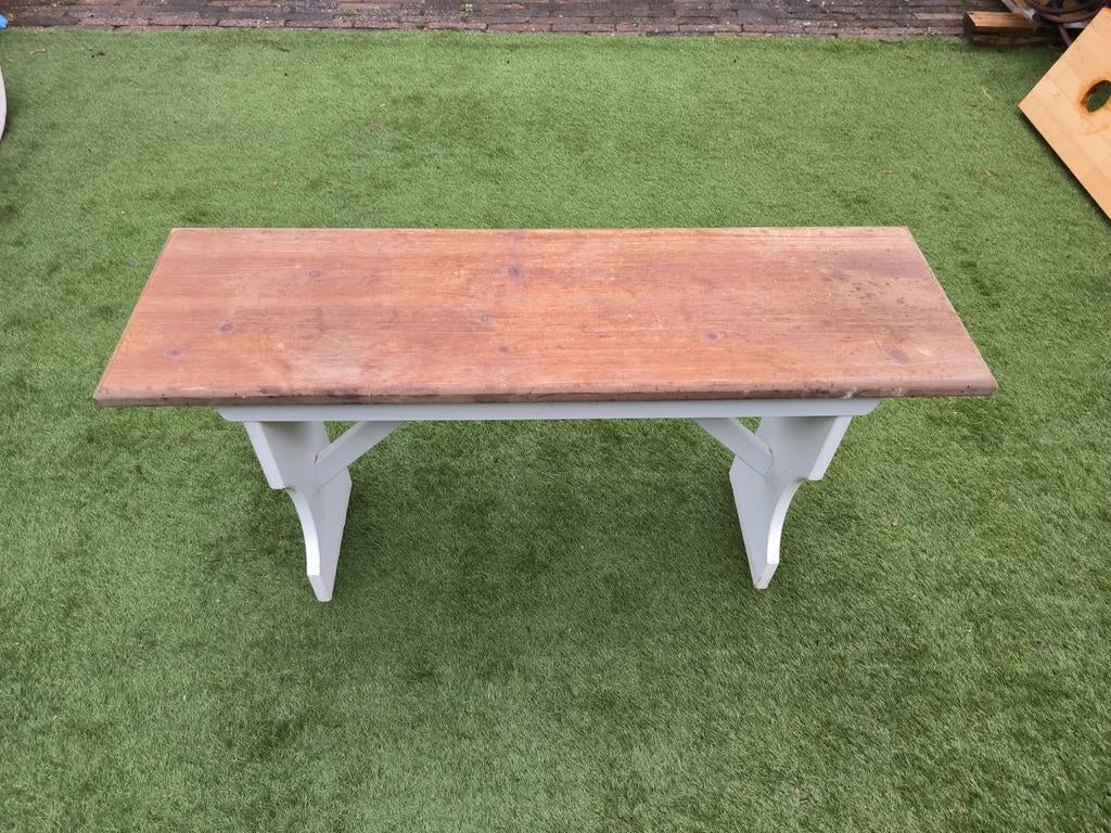 Leuk houten bankje met wit onderstel, Gebruikt, Wit, Landelijk, Rustiek, Ophalen of Verzenden