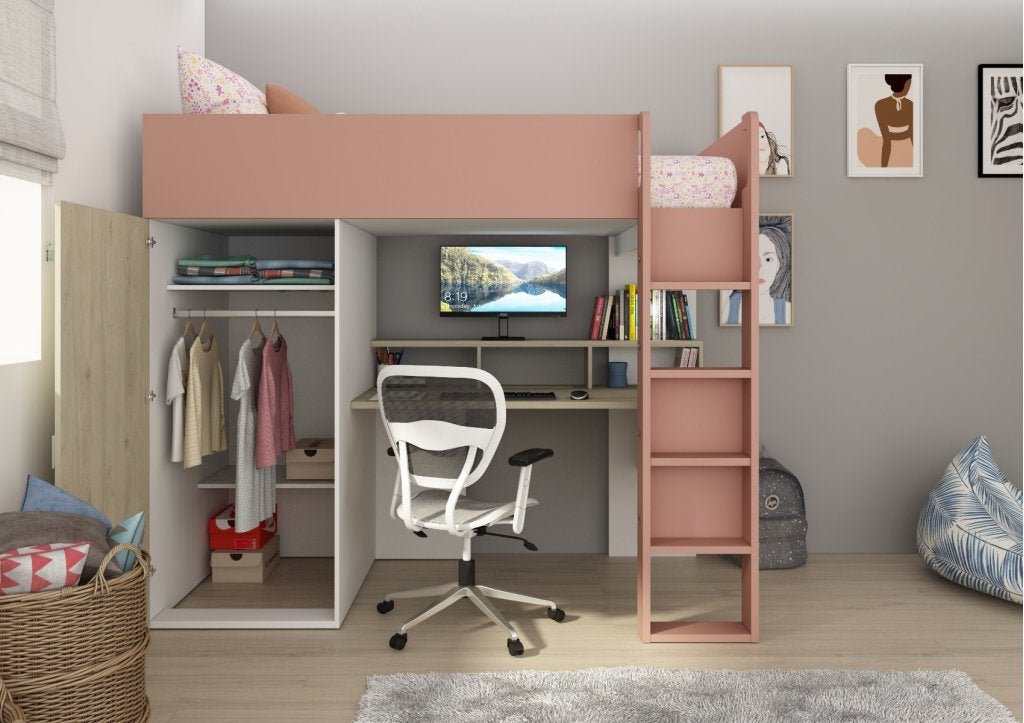 Flow hoogslaper met bureau en kast - 90x200 - Eiken/roze, Niet ingevuld, Niet ingevuld, Niet ingevuld