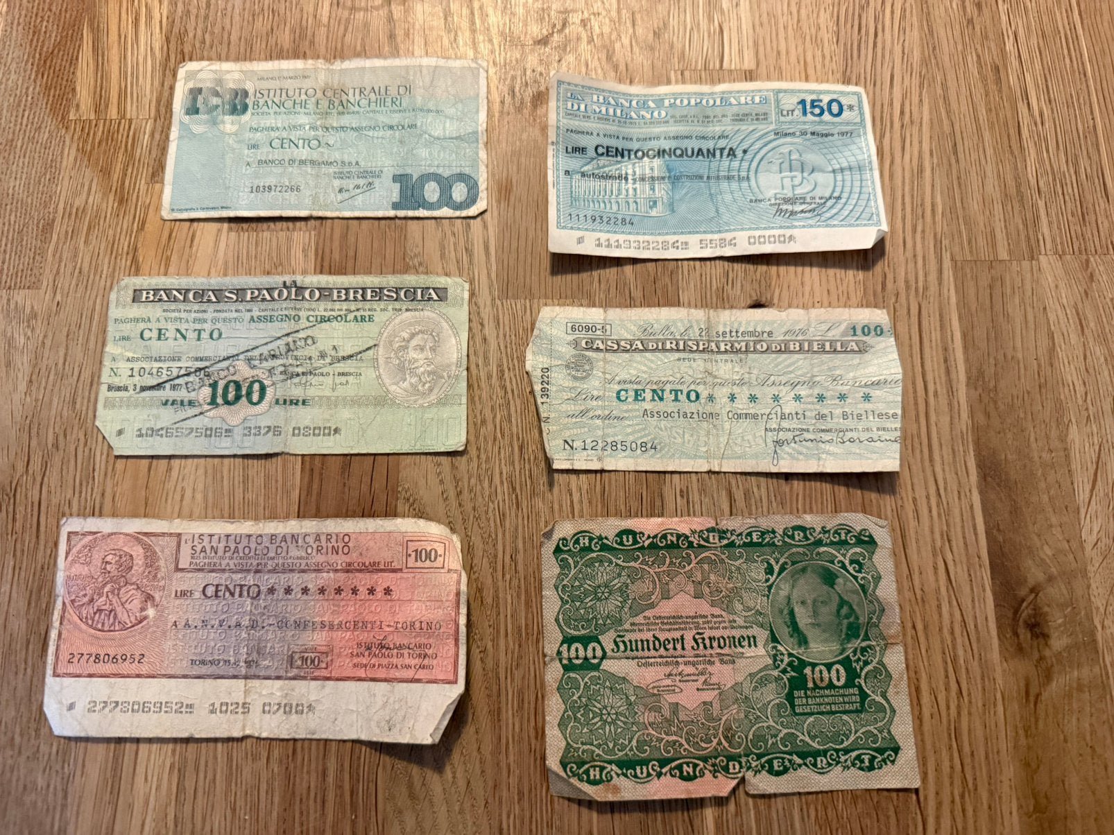 5 Italiaanse miniassegni 1976-1977 + 100 K Oostenrijk, Verzenden, Italië