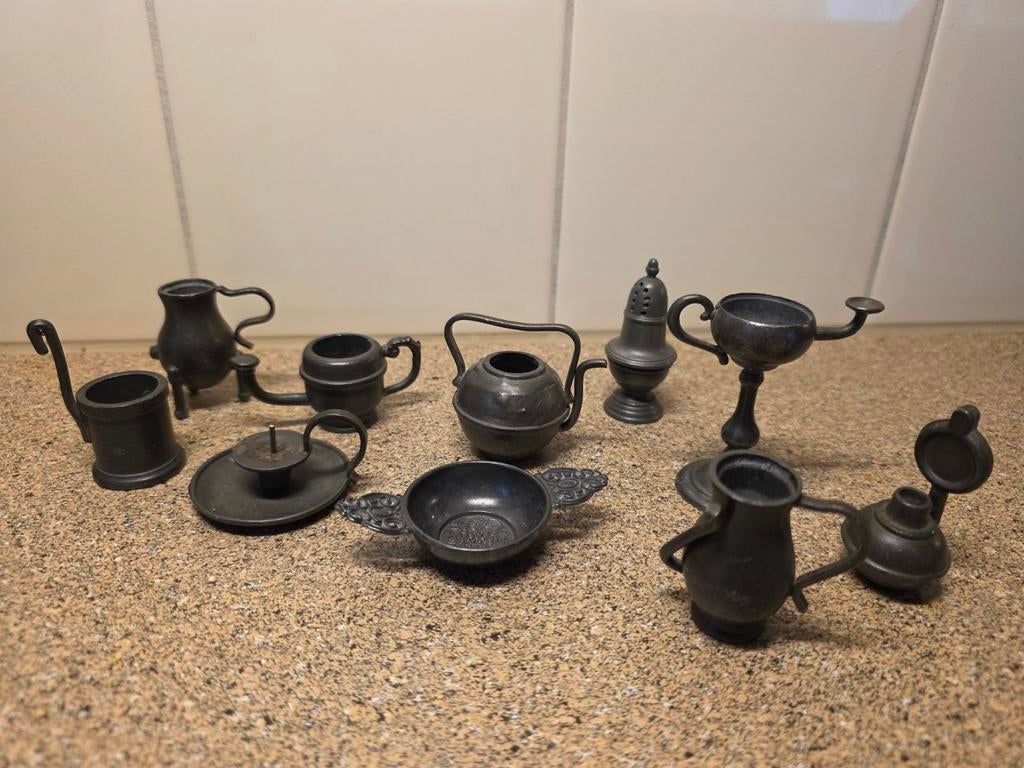 Miniatuur tinnen theeservies en keukengerei set, Ophalen of Verzenden