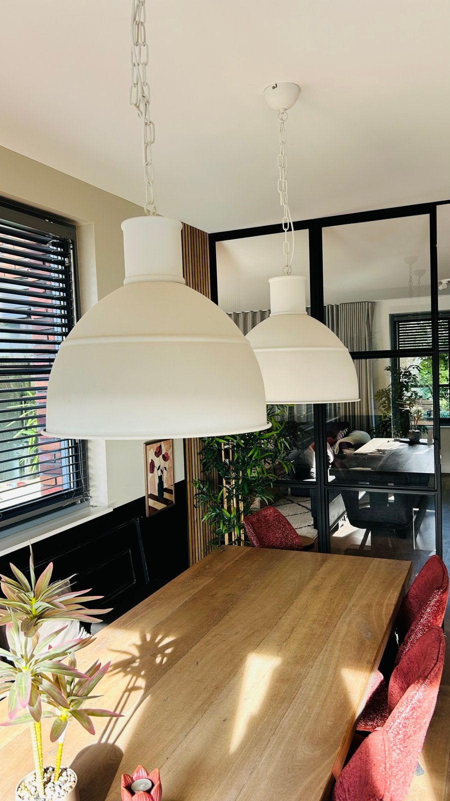 Set van 2 Witte Industriële Hanglampen, Ophalen, Zo goed als nieuw, Metaal, E27 (groot)