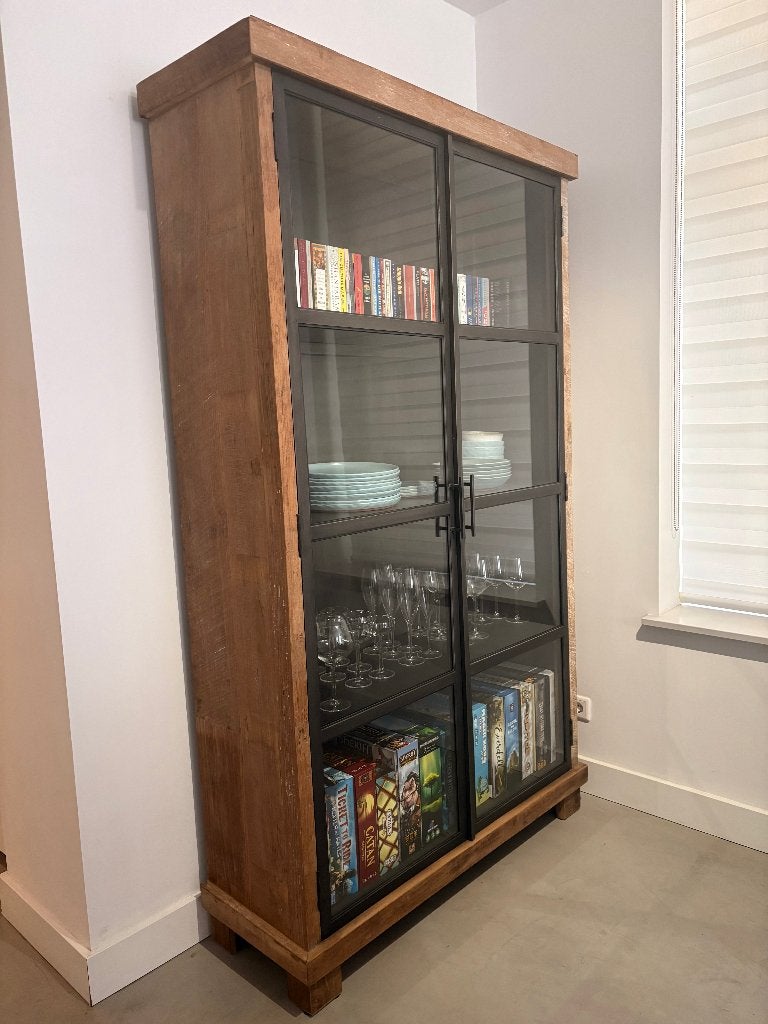 Moderne buffetkasten - vitrinekast - teak en zwart, Ophalen, Met deur(en), 100 tot 150 cm, 200 cm of meer