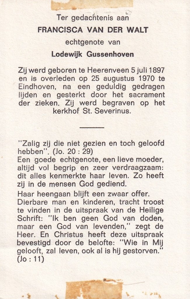 Walt Francisca 1897 Heerenveen 1970 Eindhoven, Verzamelen, Ophalen of Verzenden, Bidprentje