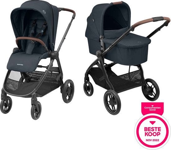 Maxicosi street + Essential Graphite blauw/bruin ZGAN, Kinderen en Baby's, Kinderwagens en Combinaties, Zo goed als nieuw, Verstelbare duwstang