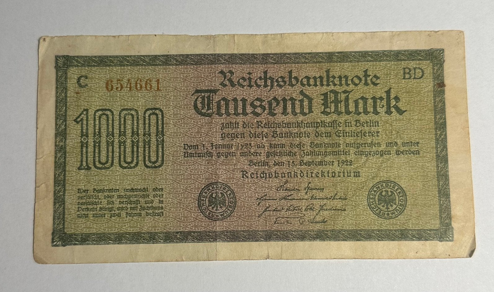 Duitse Reichsbanknote 1000 Mark - 1922, Ophalen of Verzenden, Duitsland, Los biljet