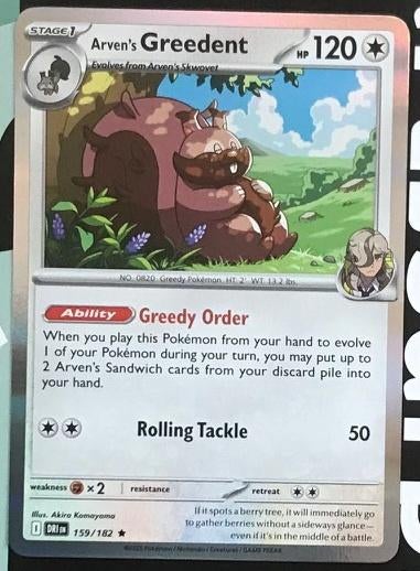 Pokemon - Arven's Greedent (DRI 159) - Holo rare.., Ophalen of Verzenden, Nieuw, Losse kaart, Foil