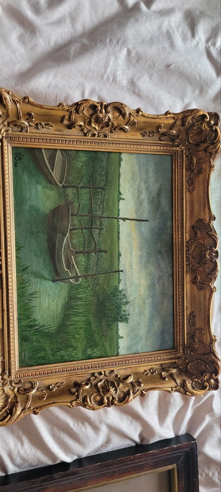 Schilderij met bootjes en barokke lijst 40x34 cm, Ophalen, Doek, Realistisch, Bijzondere lijst