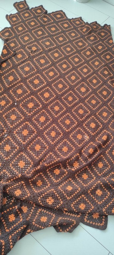 Vintage gehaakte sprei bruin oranje katoen, Gebruikt, Eenpersoons, Katoen, Oranje