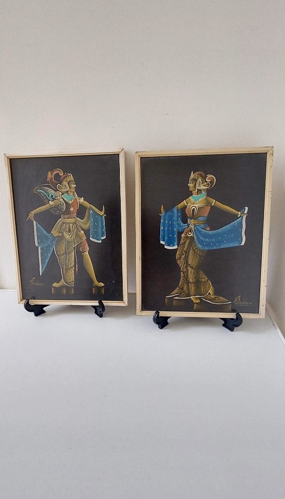 Vintage Indonesische Schilderijen Set  Mid-Century, Huis en Inrichting, Gebruikt, Eu, Ophalen of Verzenden, Schilderij