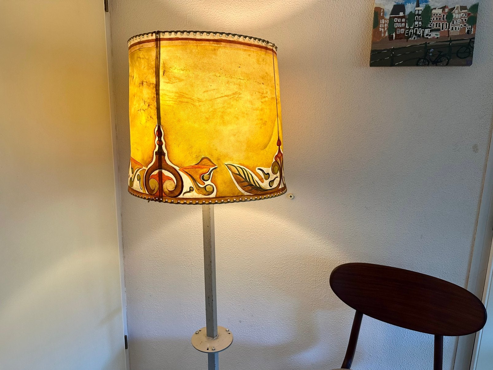 Unieke vintage art deco vloerlamp handbeschilderd perkament, Ophalen, Vintage, Zo goed als nieuw, Metaal
