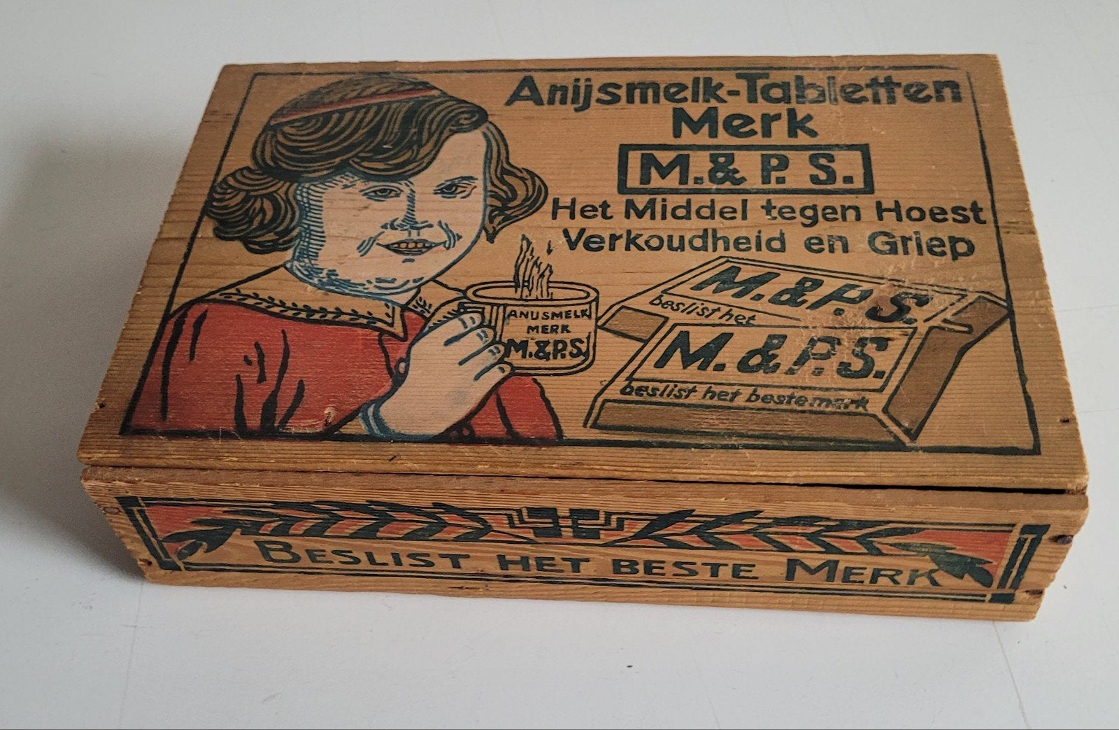 Vintage Houten Anijsmelk-Tabletten Doos M&P.S. (Jaren '30), Ophalen of Verzenden