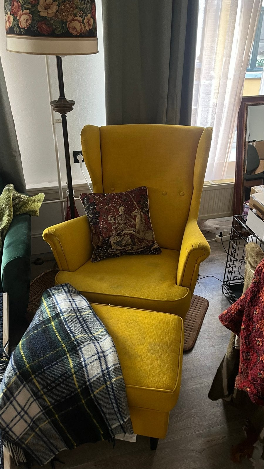 Gele Strandmon fauteuil met voetenbankje, Huis en Inrichting, Fauteuils, Ophalen, Gebruikt, Stof, 75 tot 100 cm