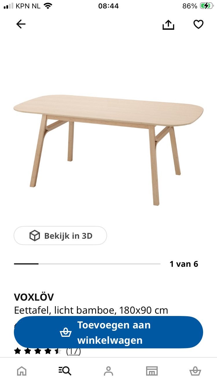 IKEA VOXLÖV Eettafel, licht bamboe, 180x90 cm, Huis en Inrichting, Tafels | Eettafels, Ophalen, 50 tot 100 cm, Zo goed als nieuw
