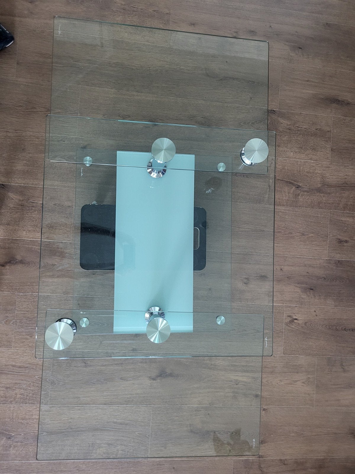Moderne glazen salontafel met metalen accenten, Ophalen, 50 tot 100 cm, 50 tot 100 cm, Zo goed als nieuw