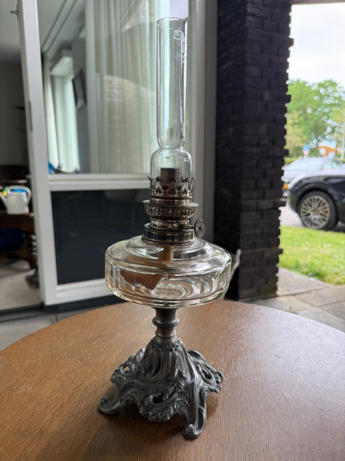 Antieke olielamp met tinnen voet, Antiek en Kunst, Ophalen