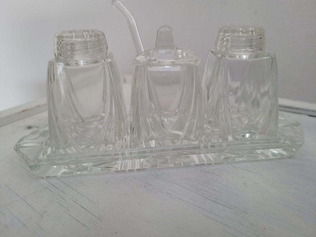 vintage antiek geslepen glazen peper en zout en sambal setje, Ophalen of Verzenden