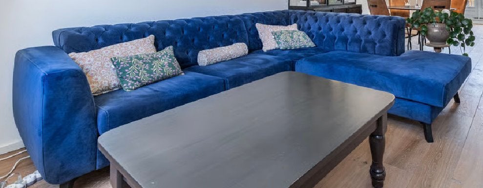 Henders & Hazel Hoekbank - Blauw Stof Chesterfield, Huis en Inrichting, Ophalen, 250 tot 300 cm, Gebruikt, Hoekbank
