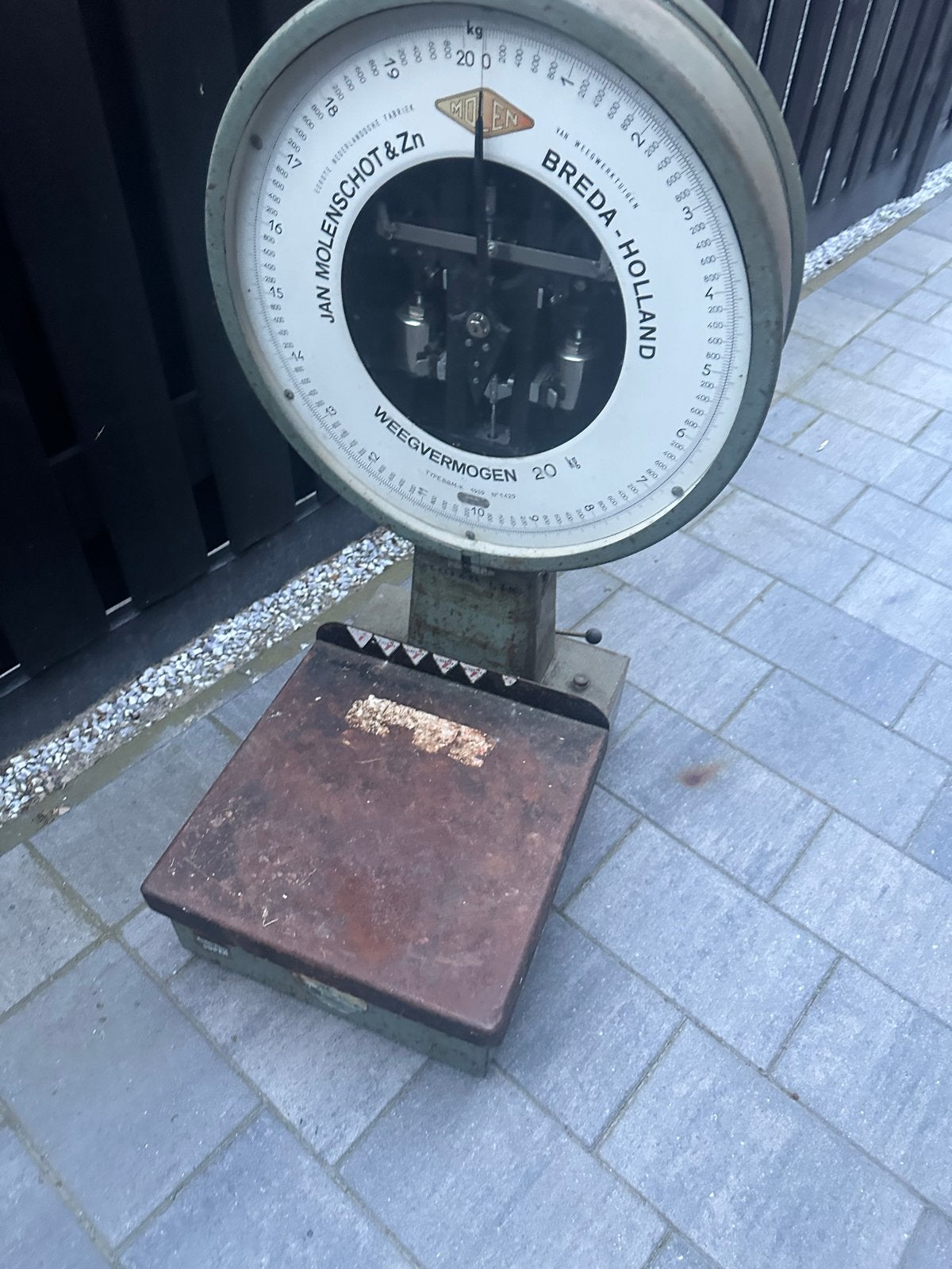 Antieke Molenschot & Zn Breda Weegschaal 20 kg, Ophalen of Verzenden, Gebruikt, Vloerweegschaal, Minder dan 50 kg