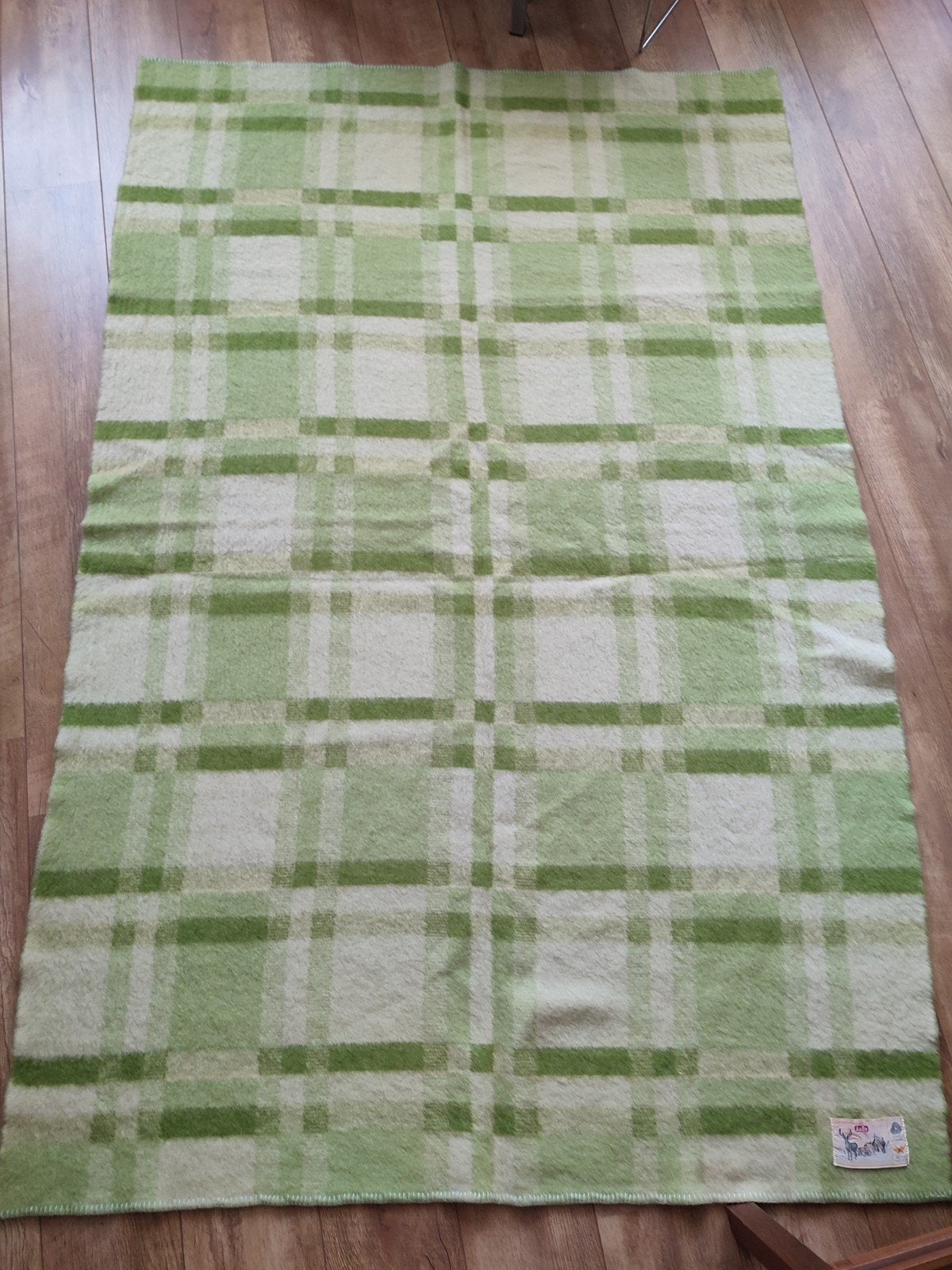 Vintage wollen deken groen geblokt - Aabe Wol 139 x 226 cm, Huis en Inrichting, Ophalen of Verzenden, Gebruikt