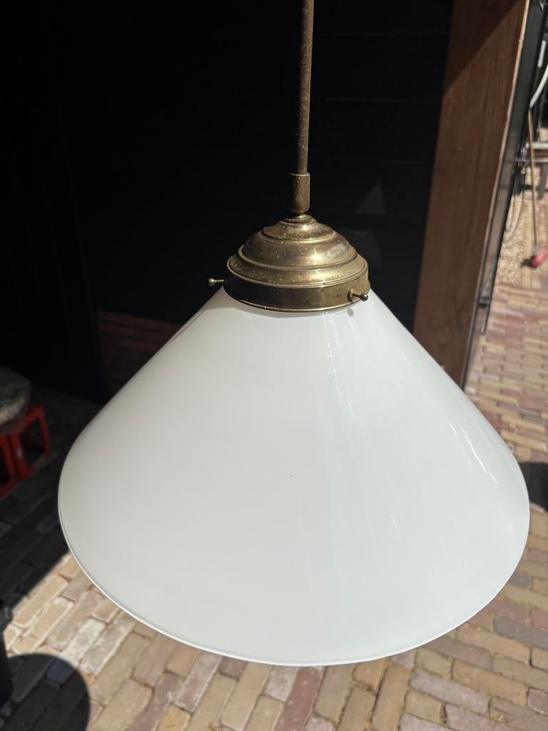 Antieke hanglamp melkglas - koper, Ophalen, Gebruikt, Glas, Vintage