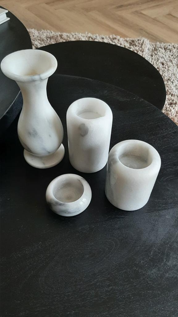 Marmeren waxinelichtjes en vaasje, Huis en Inrichting, Woonaccessoires | Kandelaars en Kaarsen, Overige materialen, Gebruikt, Ophalen of Verzenden