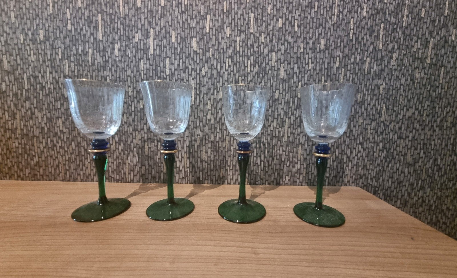 Boheems Kristal Karaf + 4 Glazen Vintage Groen Blauw, Ophalen, Zo goed als nieuw, Overige typen