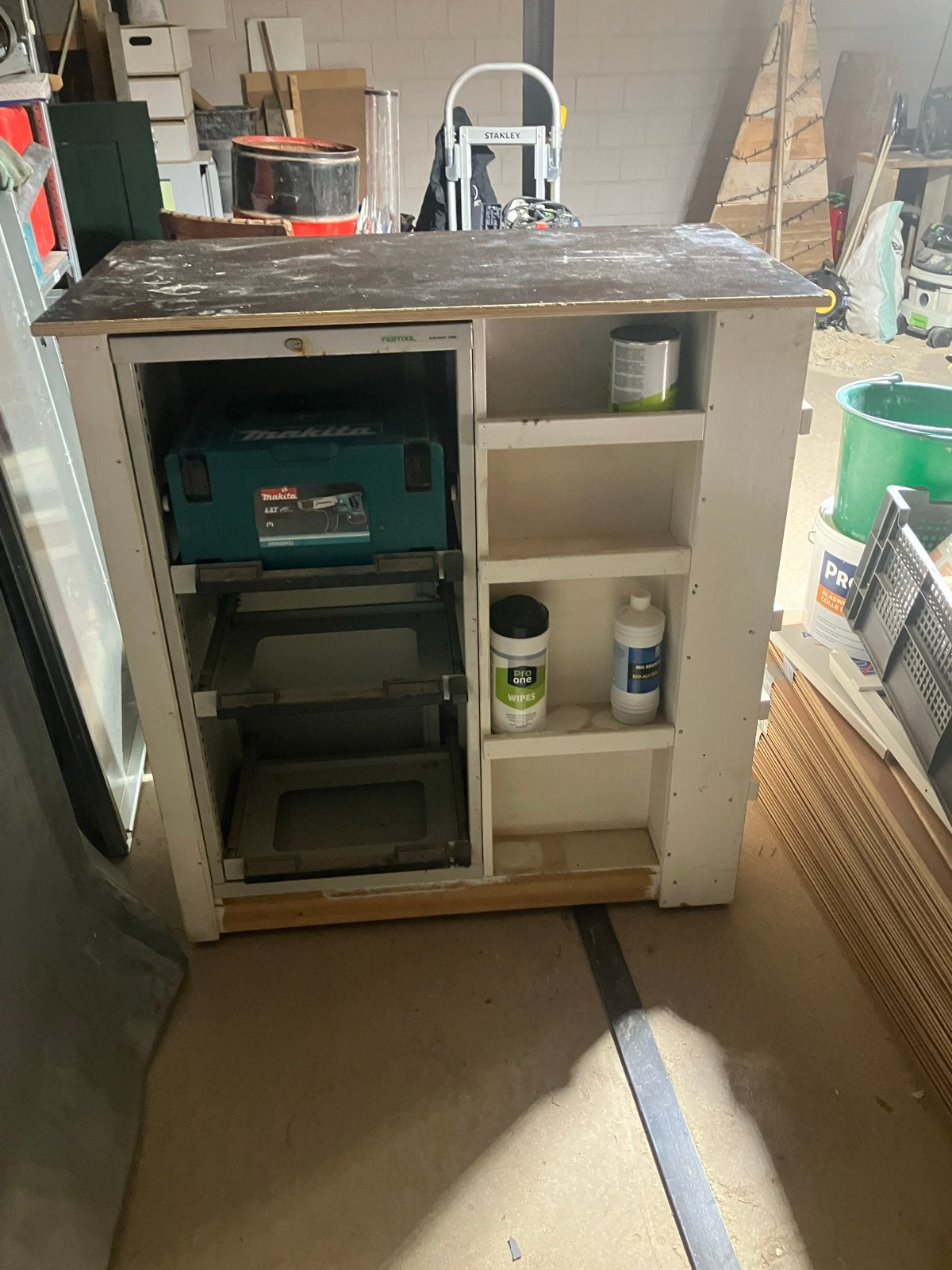 Werkbank op wielen met Festool M-box rek en lades, Ophalen, Gebruikt, 70 tot 120 cm