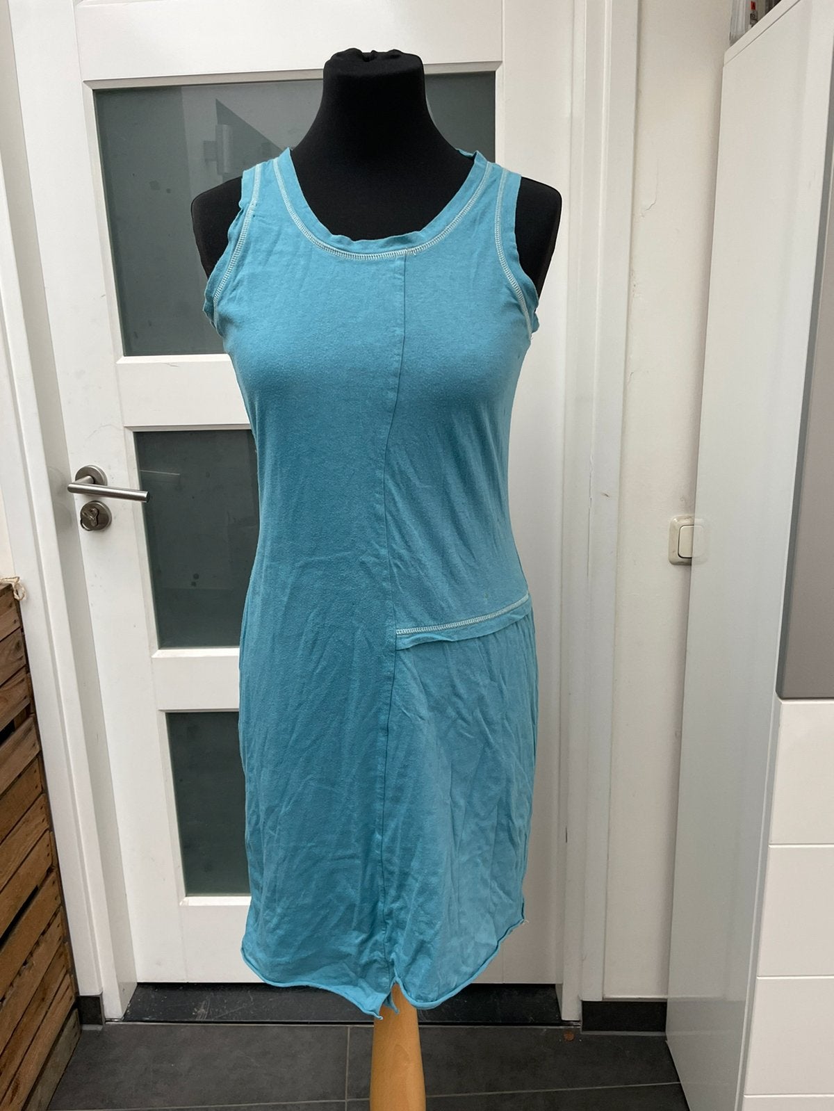 Sandwich katoenen jurk mt S blauw petrol turquoise mouwloos, Blauw, Ophalen of Verzenden, Knielengte, Maat 36 (S)