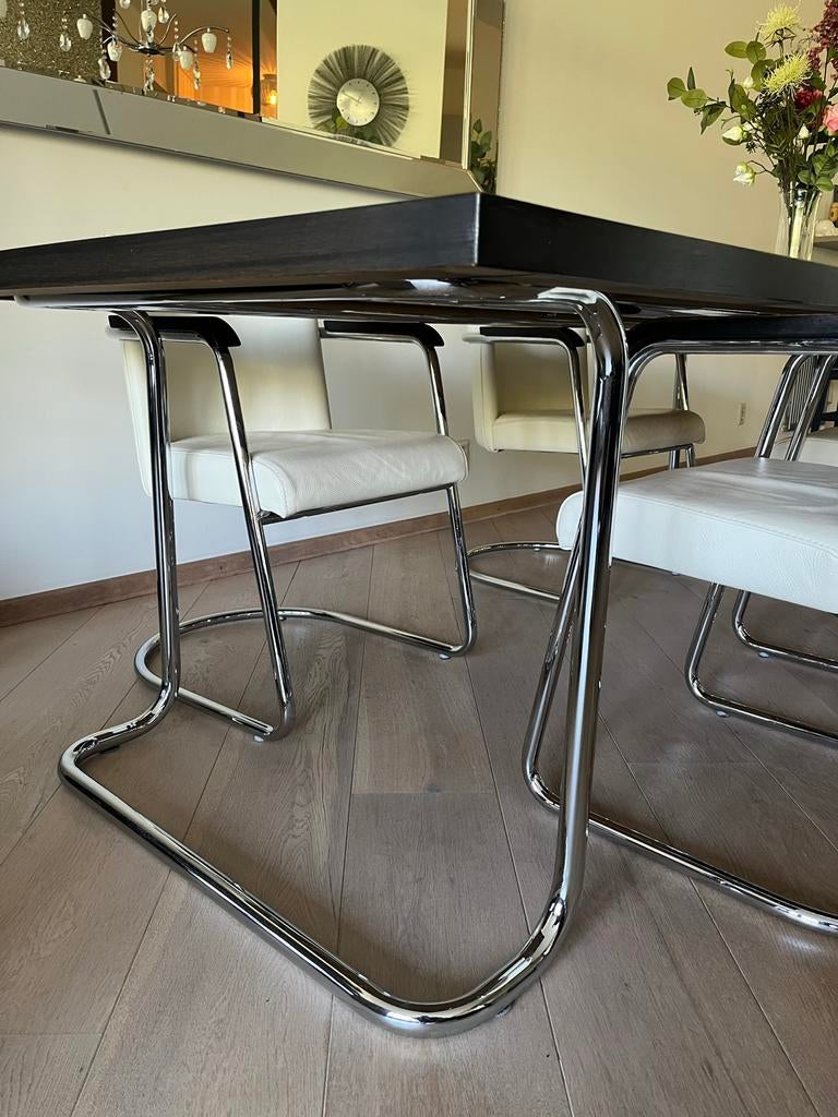 Jan des Bouvrie eetkamerstoelen met chrome frame en wit leer, Huis en Inrichting, Tafels | Statafels, Ophalen, Zo goed als nieuw