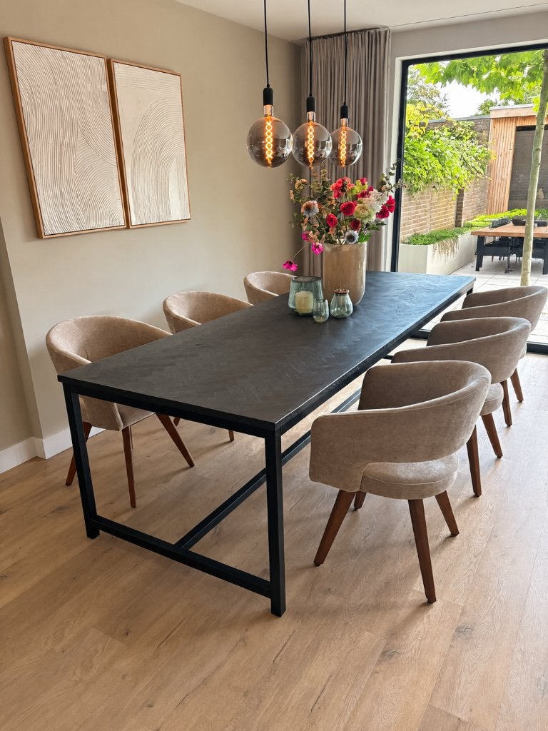 Massief eiken visgraat eetkamertafel, Ophalen, Gebruikt, Eikenhout, 200 cm of meer